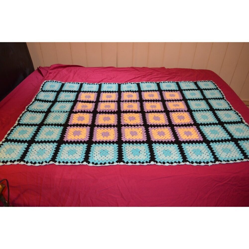 Crocheted Afghan Throw Blanket Granny Squares Purple Blue Boho Vtg 41 x 63"